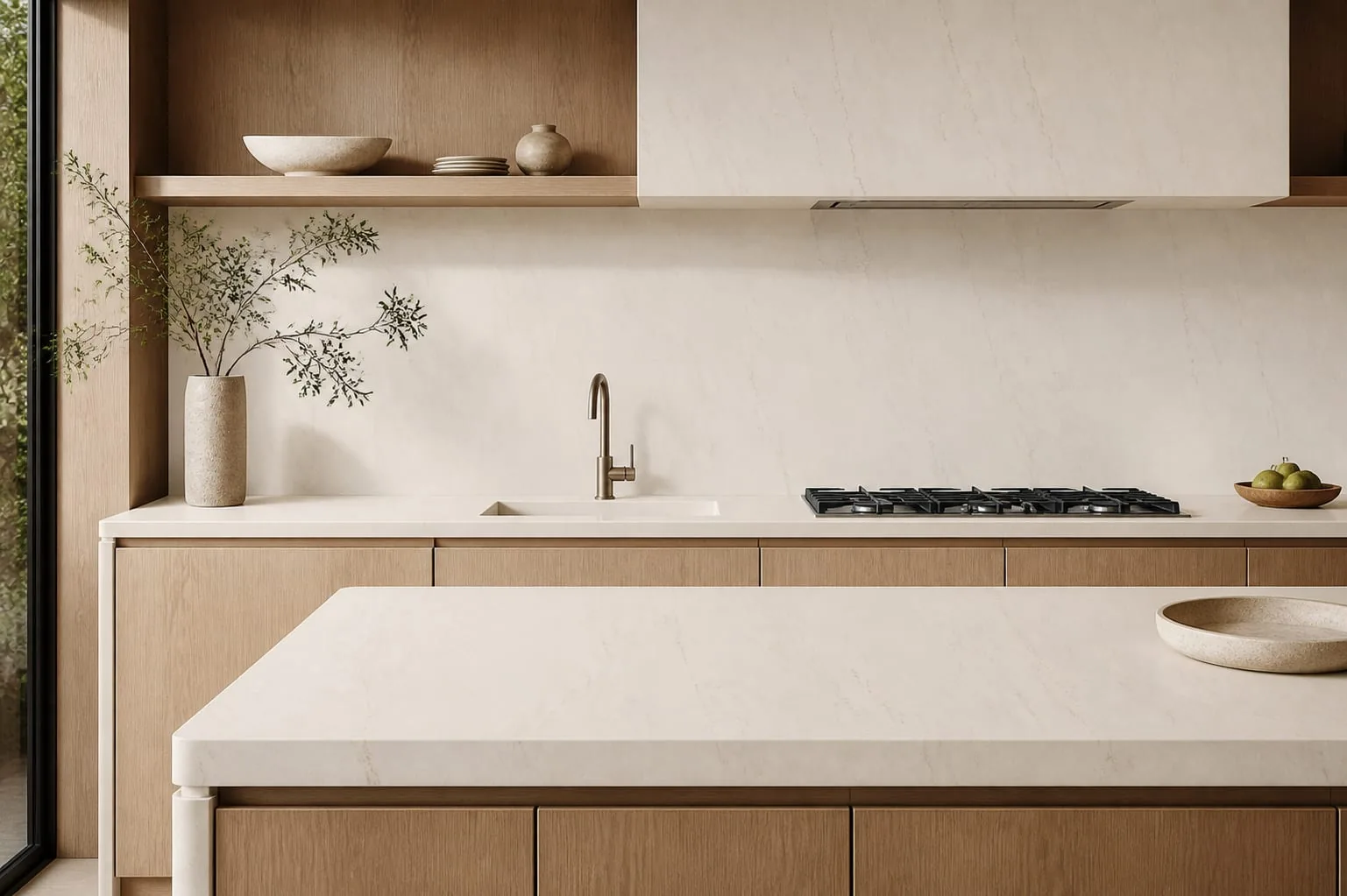 Warm Cream Subtle Linear Vein Engineered Quartz Stone Slab for Kitchen and Interior Design thumbnail 3