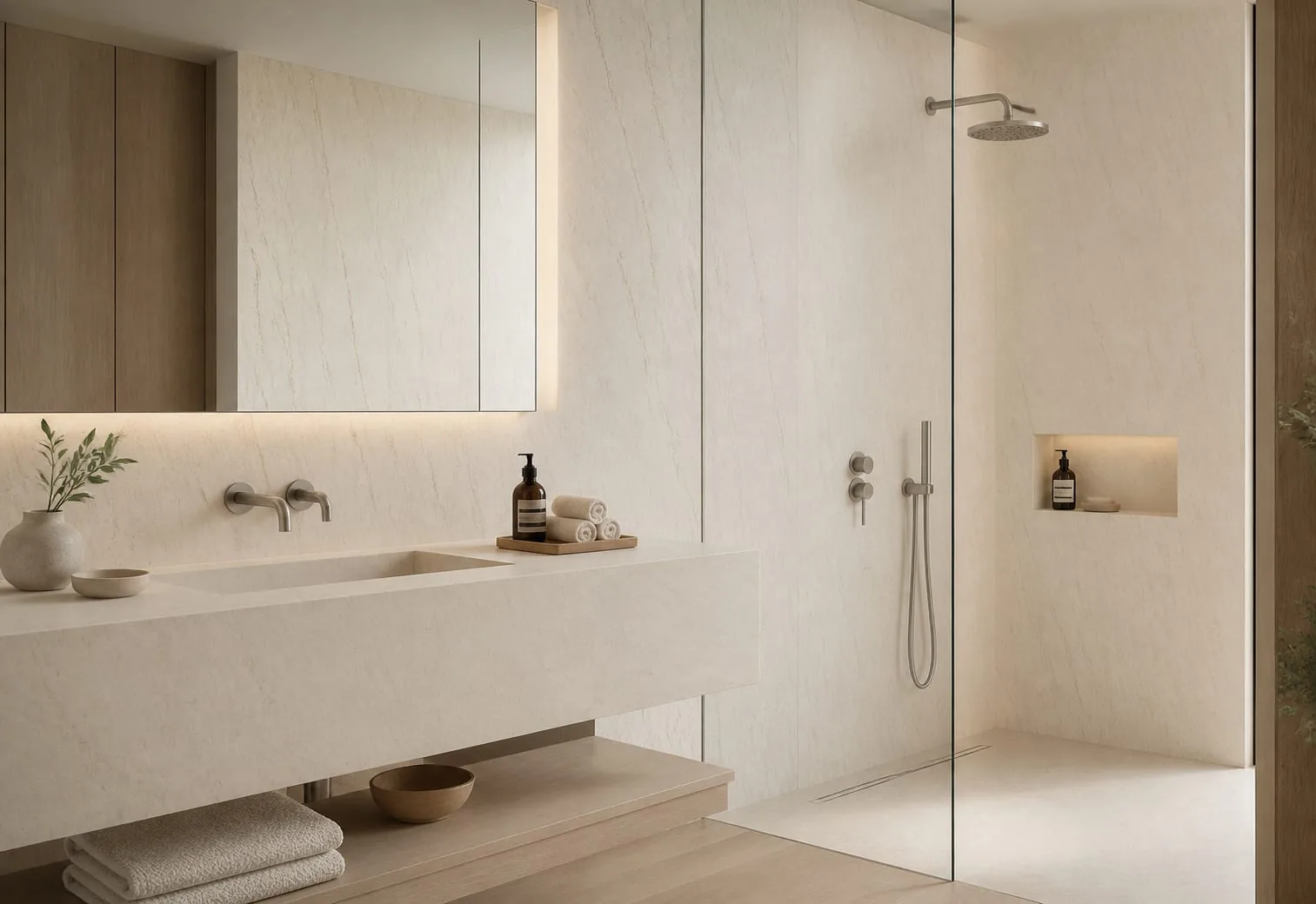 Warm Cream Subtle Linear Vein Engineered Quartz Stone Slab for Kitchen and Interior Design thumbnail 4